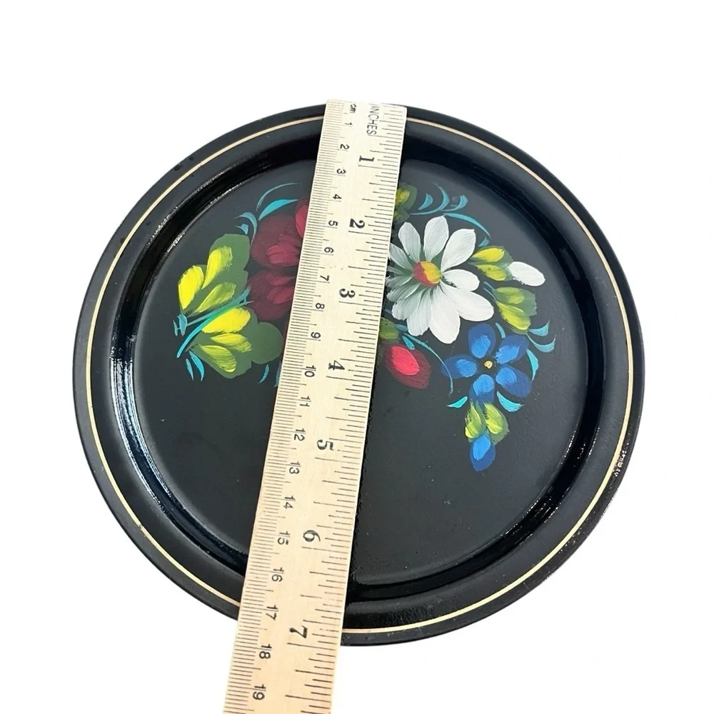Vintage Russian Floral Decorative Tole Painted Floral Metal Plates Folk Art